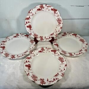 Grace Teaware Christmas Dinner Plates Holiday Red Winter Village Toile Set/4